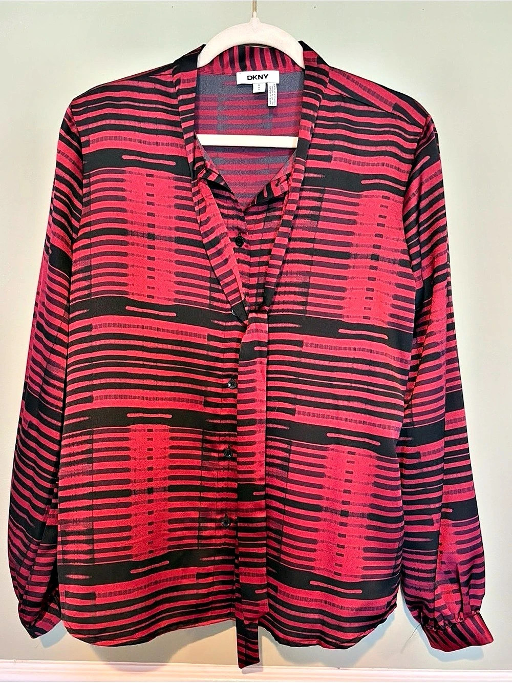 DKNY Red Black Printed Tie Neck Button Down Blouse M
